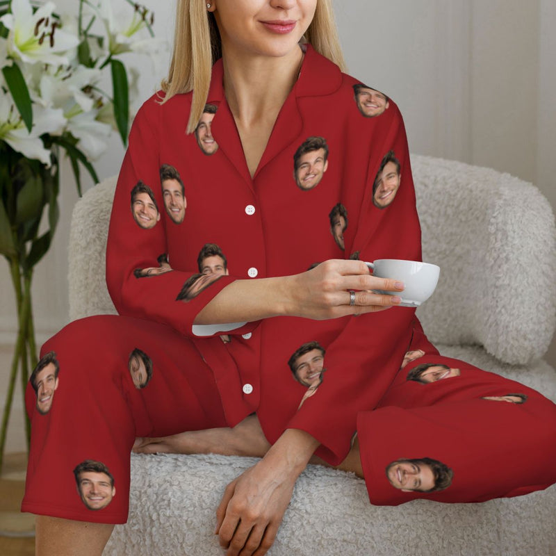 Custom Face Solid Color Long Sleeve Cardigan Pajama Set