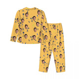 Custom Face Palm Tree Long Sleeve Cardigan Pajama Set - Yellow