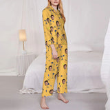 Custom Face Palm Tree Long Sleeve Cardigan Pajama Set - Yellow