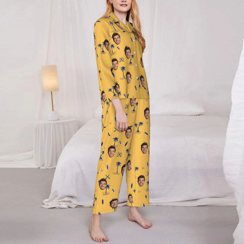 Custom Face Palm Tree Long Sleeve Cardigan Pajama Set - Yellow