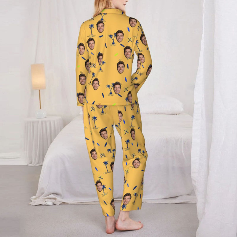 Custom Face Palm Tree Long Sleeve Cardigan Pajama Set - Yellow