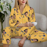 Custom Face Palm Tree Long Sleeve Cardigan Pajama Set - Yellow