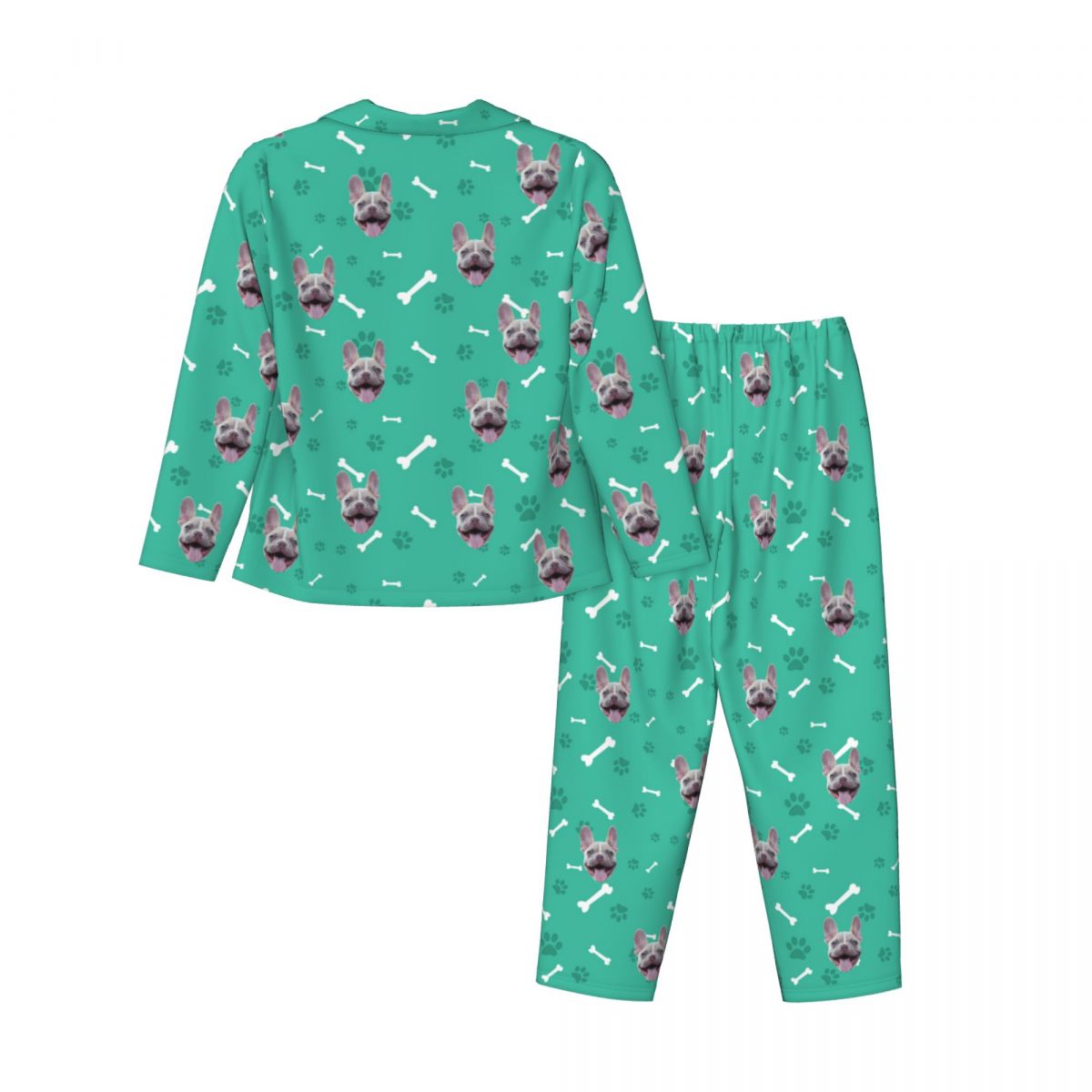 Custom Dog Face Bones & Footprints Long Sleeve Cardigan Pajama Set - Green