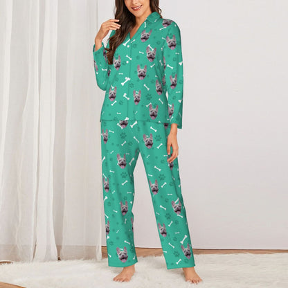 Custom Dog Face Bones & Footprints Long Sleeve Cardigan Pajama Set - Green