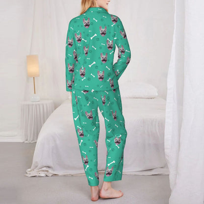 Custom Dog Face Bones & Footprints Long Sleeve Cardigan Pajama Set - Green