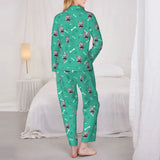 Custom Dog Face Bones & Footprints Long Sleeve Cardigan Pajama Set - Green