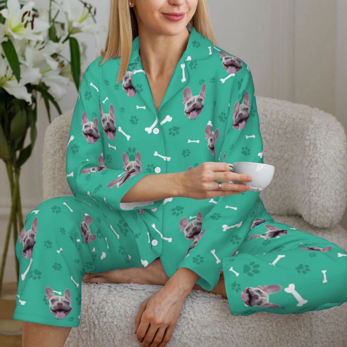 Custom Dog Face Bones & Footprints Long Sleeve Cardigan Pajama Set - Green