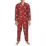 Custom Face Plaid Stripe Pattern Long Sleeve Cardigan Pajama Set - Red