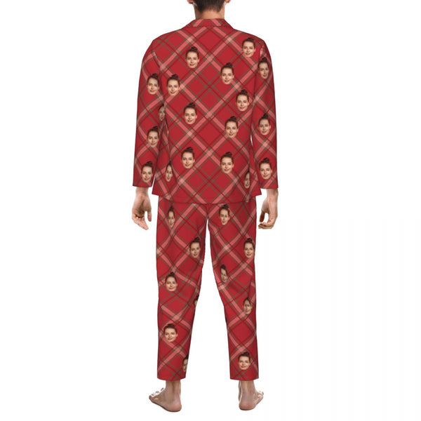 Custom Face Plaid Stripe Pattern Long Sleeve Cardigan Pajama Set - Red