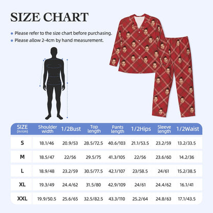 Custom Face Plaid Stripe Pattern Long Sleeve Cardigan Pajama Set - Red