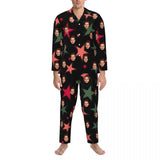 Custom Face Star Pattern Long Sleeve Cardigan Pajama Set - Black