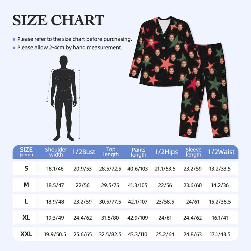 Custom Face Star Pattern Long Sleeve Cardigan Pajama Set - Black