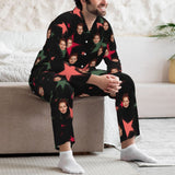 Custom Face Star Pattern Long Sleeve Cardigan Pajama Set - Black