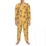 Custom Face Palm Tree Long Sleeve Cardigan Pajama Set - Yellow