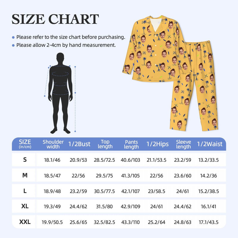 Custom Face Palm Tree Long Sleeve Cardigan Pajama Set - Yellow