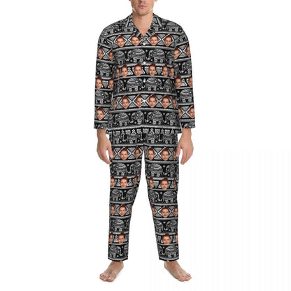 Custom Face Elephant Pattern Long Sleeve Cardigan Pajama Set - Black