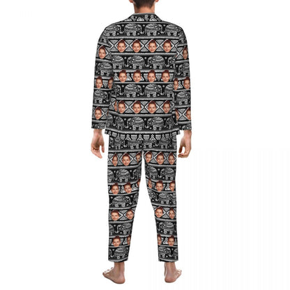 Custom Face Elephant Pattern Long Sleeve Cardigan Pajama Set - Black