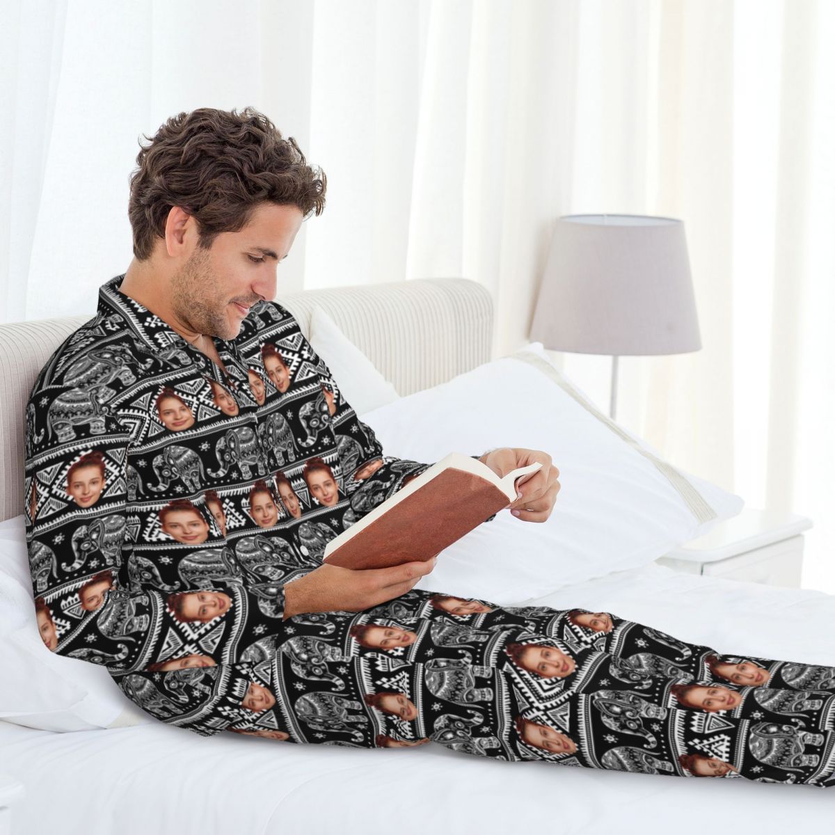 Custom Face Elephant Pattern Long Sleeve Cardigan Pajama Set - Black