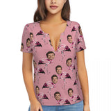 Custom Face Pure Color Pink Women's V-Neck T-Shirt