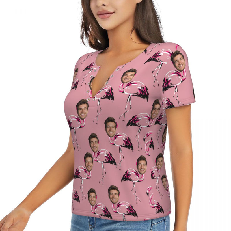 Custom Face Pure Color Pink Women's V-Neck T-Shirt