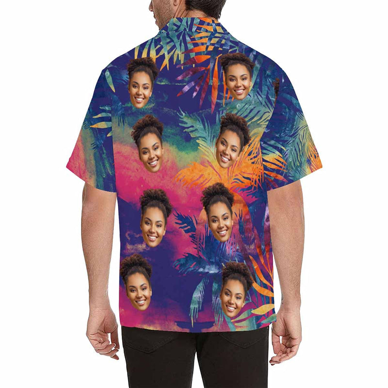 Custom Face Hawaiian Shirts for Men Short Sleeve Aloha Beach Shirt with Photo Tropical Palm Floral Casual Button Down Shirts