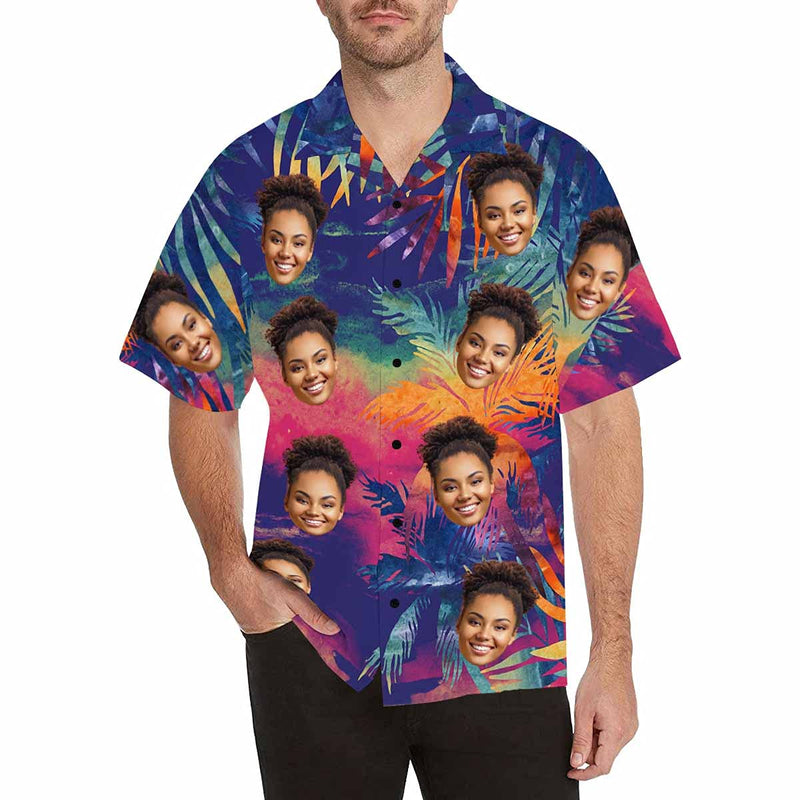 Custom Face Hawaiian Shirts for Men Short Sleeve Aloha Beach Shirt with Photo Tropical Palm Floral Casual Button Down Shirts