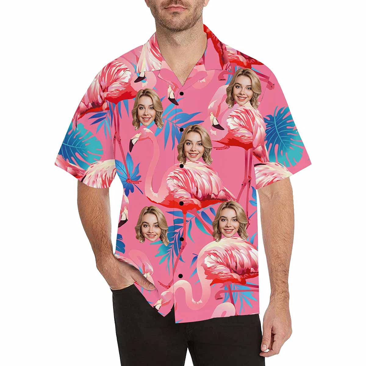 Custom Face Flamingo Hawaiian Shirt with Face for Men Personalized Photo Men Aloha Beach Tropical Pineapple Floral Shirts