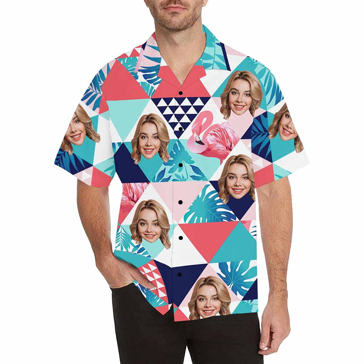 Custom Face Flamingo Hawaiian Shirt with Face for Men Personalized Photo Men Aloha Beach Tropical Pineapple Floral Shirts