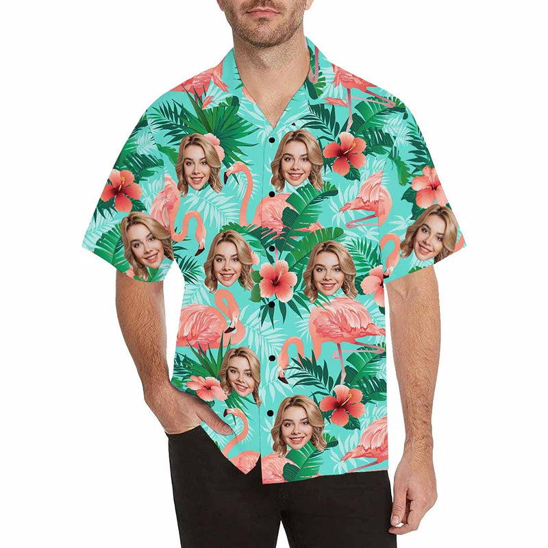 Custom Face Flamingo Hawaiian Shirt with Face for Men Personalized Photo Men Aloha Beach Tropical Pineapple Floral Shirts