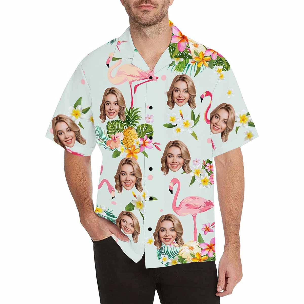 Custom Face Flamingo Hawaiian Shirt with Face for Men Personalized Photo Men Aloha Beach Tropical Pineapple Floral Shirts