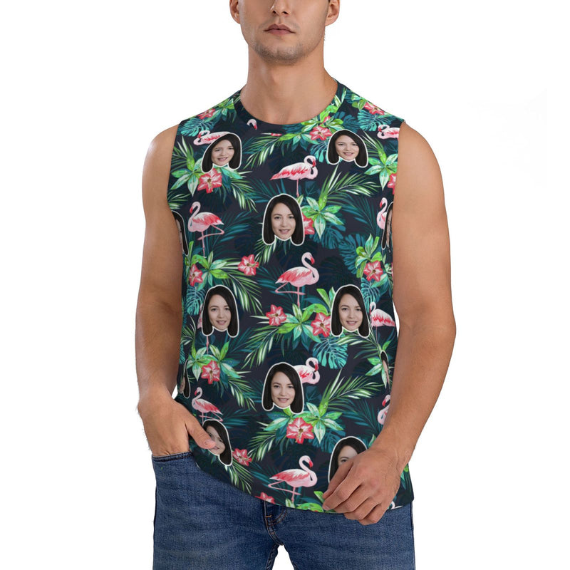 Custom Face Green Plant Flamingos Pattern Men's Sleeveless T-Shirt Vest Tank Top