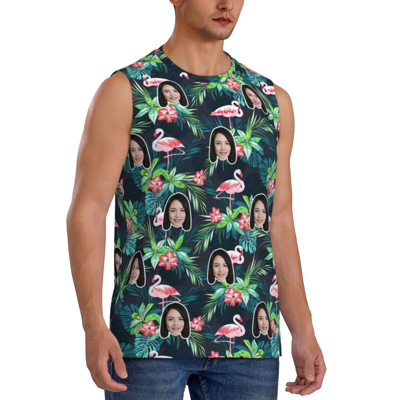 Custom Face Green Plant Flamingos Pattern Men's Sleeveless T-Shirt Vest Tank Top