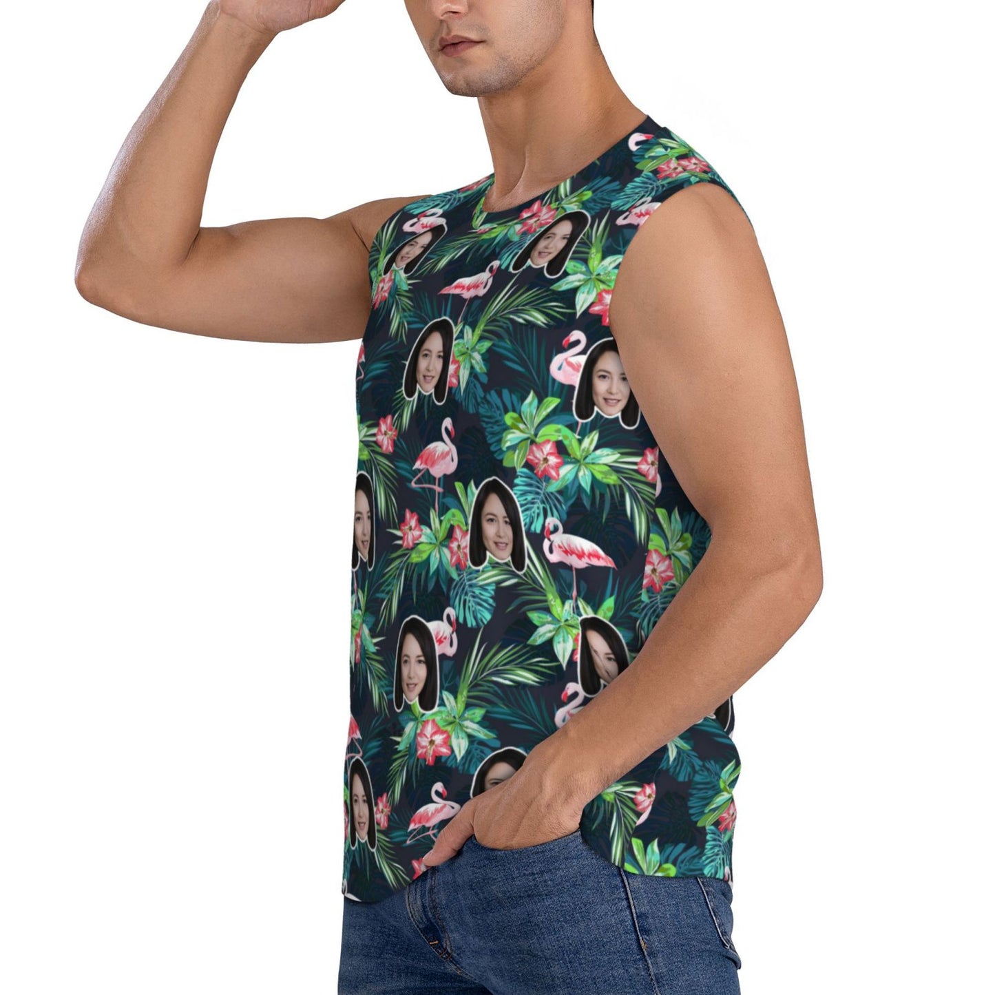 Custom Face Green Plant Flamingos Pattern Men's Sleeveless T-Shirt Vest Tank Top