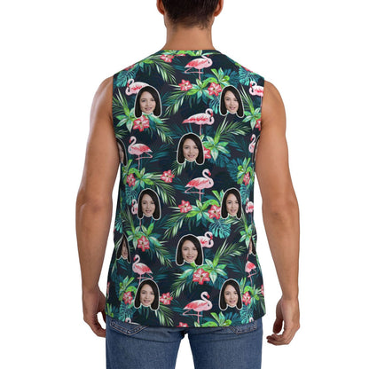 Custom Face Green Plant Flamingos Pattern Men's Sleeveless T-Shirt Vest Tank Top