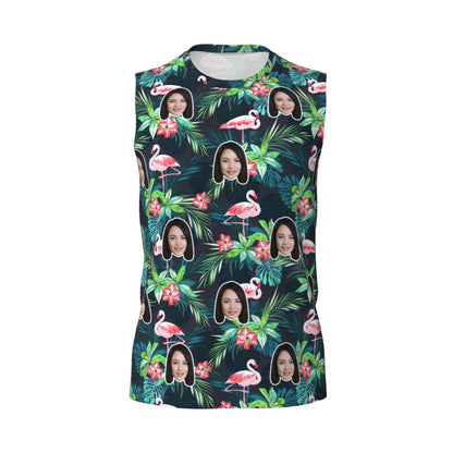 Custom Face Green Plant Flamingos Pattern Men's Sleeveless T-Shirt Vest Tank Top