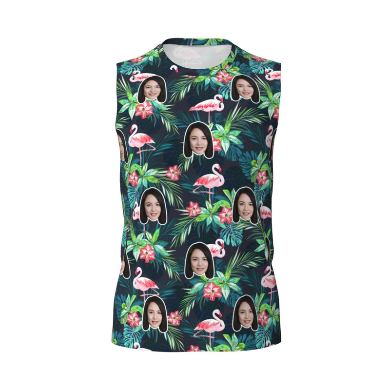 Custom Face Green Plant Flamingos Pattern Men's Sleeveless T-Shirt Vest Tank Top