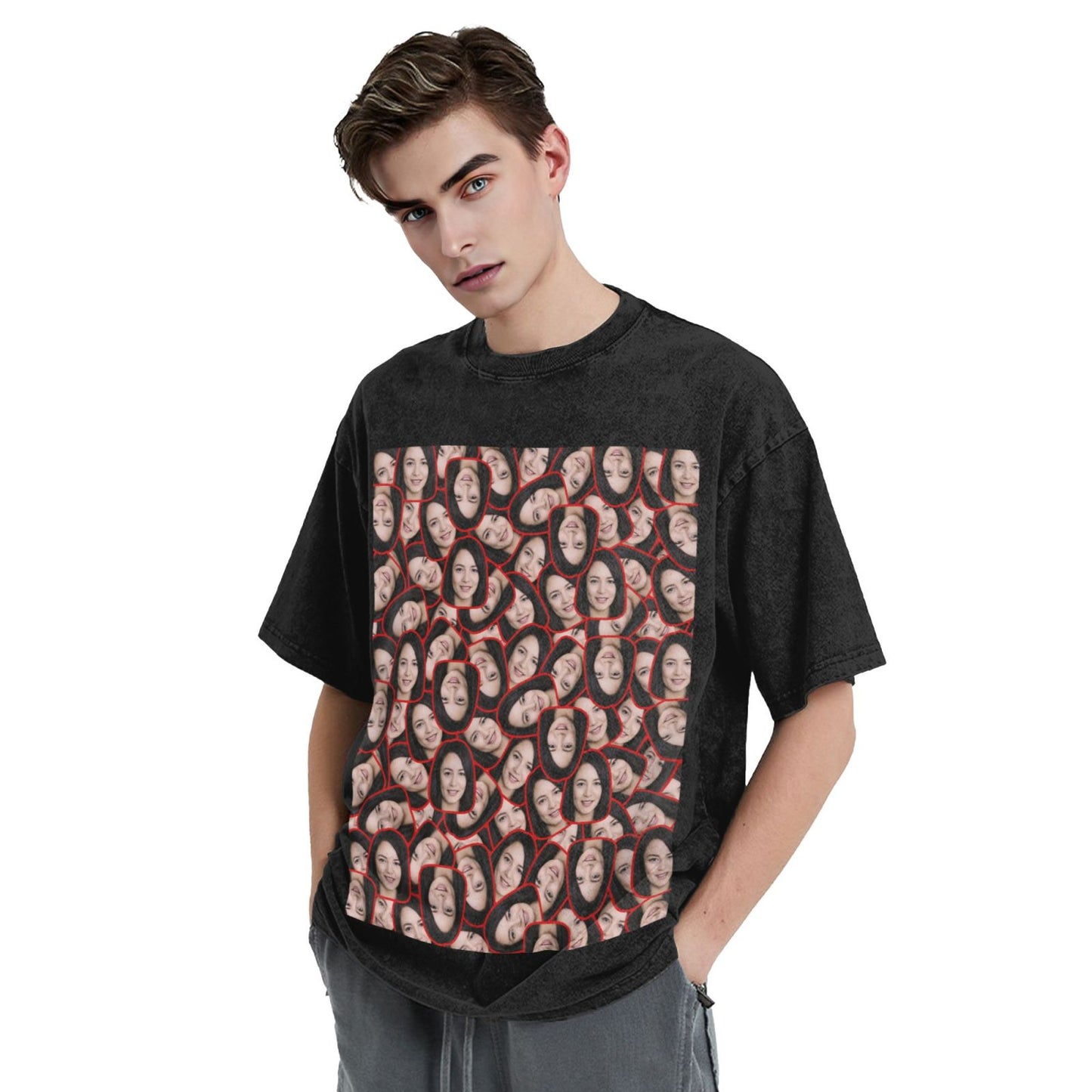 Custom Face Red Stickers Bootleg Shirt Vintage Oversized Unisex T-shirt