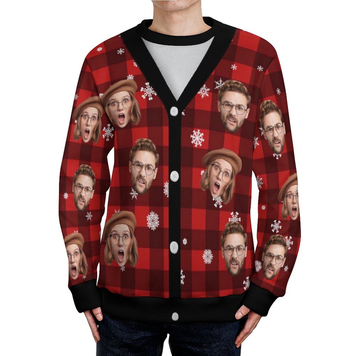 Custom Face Christmas Red Grid Pattern Fake Cardigan Unisex Crew Neck Sweater