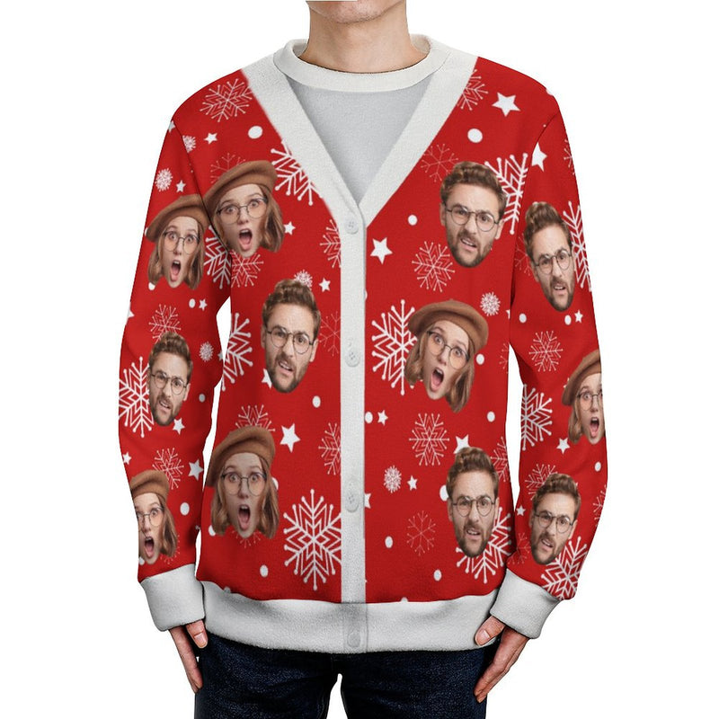 Custom Face Christmas Snowflake Pattern Fake Cardigan Unisex Crew Neck Sweater