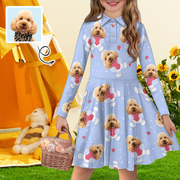 Custom Pet Face Embrace Love Children's Long Sleeved Polo Shirt Dress