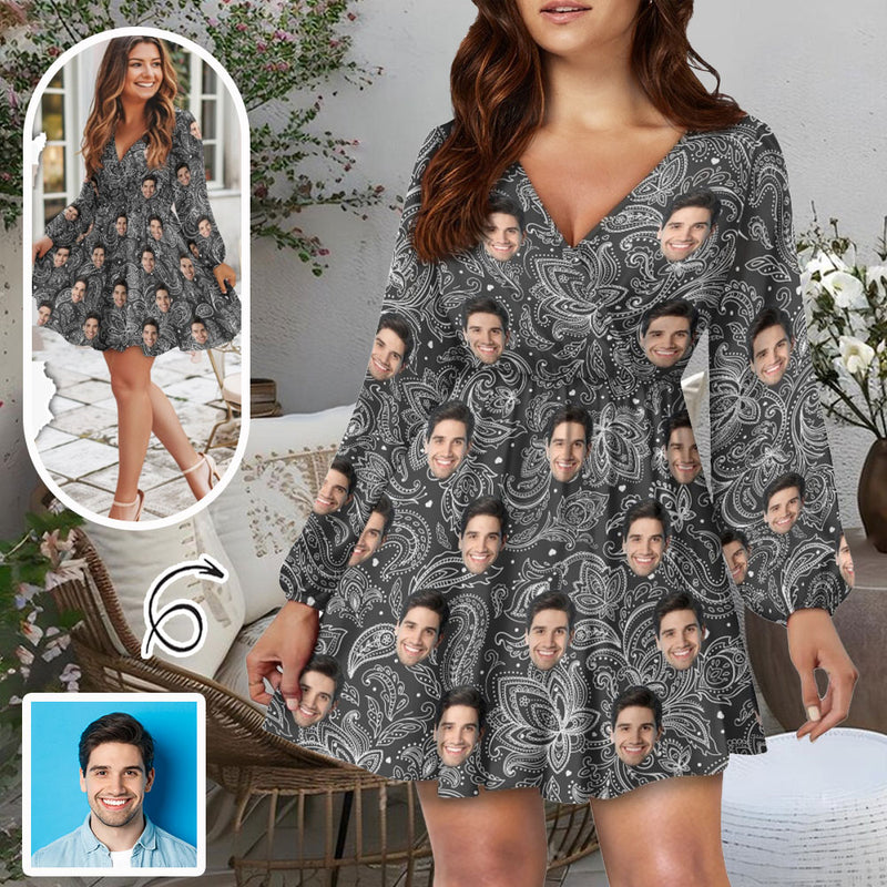 Custom Face Floral Pattern Women's Deep V Neck Long Sleeve Tunic Loose Short Dress - Black