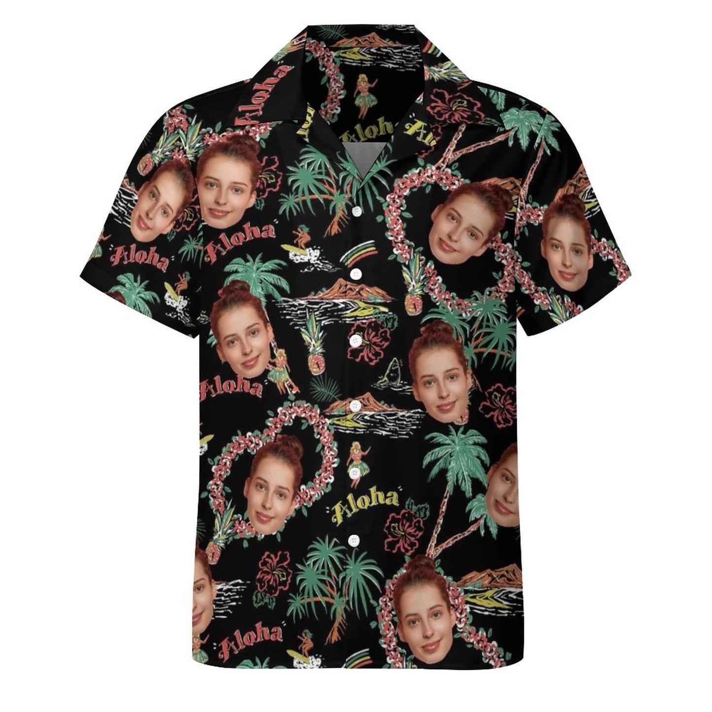 Custom Face Palm Trees and Aloha Black Men's Lapel Shirt Cuban Collar Hawaiian Shirt