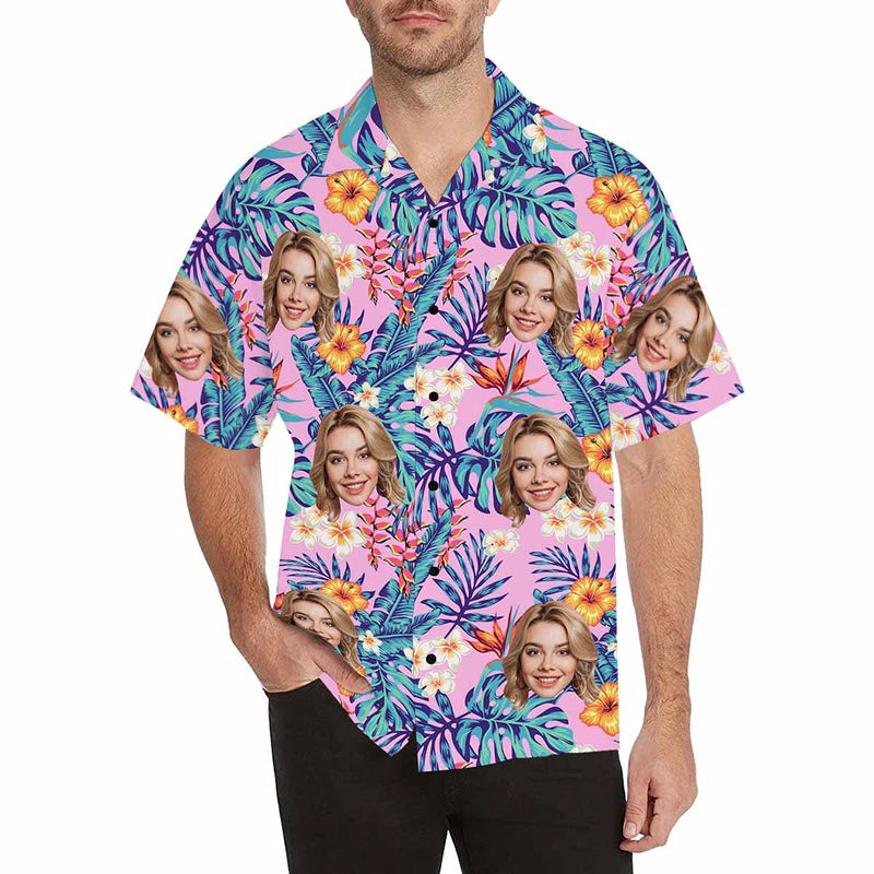 Custom Face Hawaiian Shirts for Men Short Sleeve Aloha Beach Shirt with Photo Tropical Palm Floral Casual Button Down Shirts