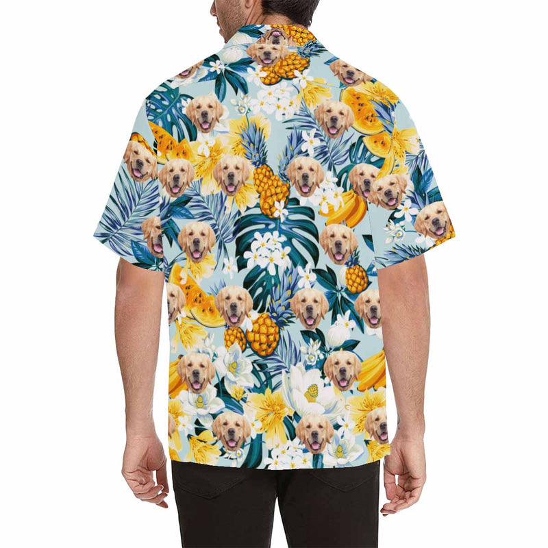 Custom Face Floral Fruits Palm Leaves Men's All Over Print Hawaiian Shirt - Cyan