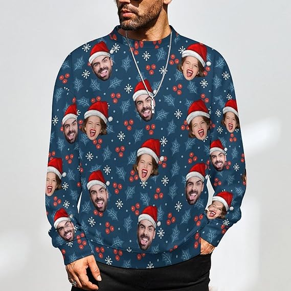 Funny Ugly Christmas Special Custom Face Men's Sweater Personalized Face Sweatshirt for Husband Father Boyfriend Red and Green