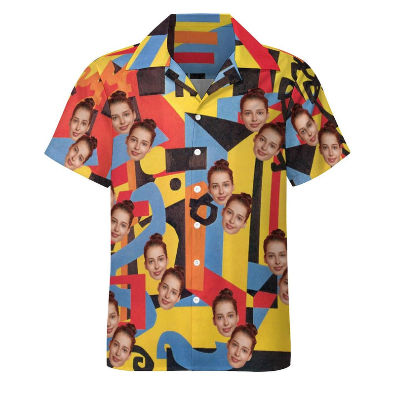 Custom Face Color Block Splicing Yellow Men's Lapel Shirt Cuban Collar Hawaiian Shirt