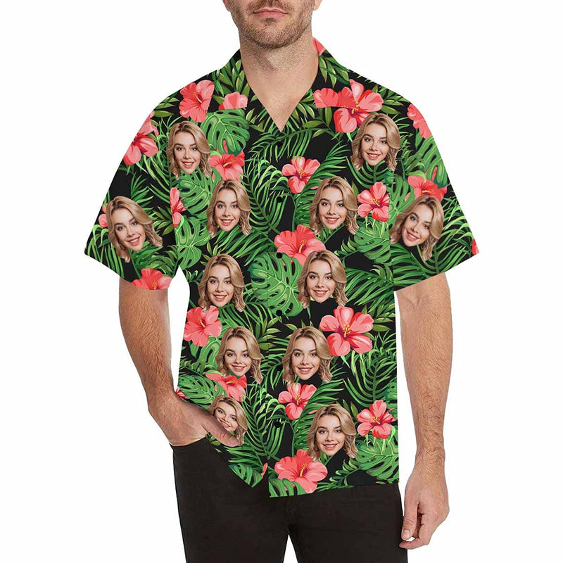 Custom Face Hawaiian Shirts for Men Short Sleeve Aloha Beach Shirt with Photo Tropical Palm Floral Casual Button Down Shirts