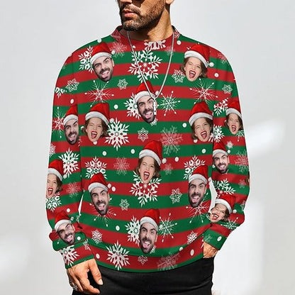 Funny Ugly Christmas Special Custom Face Men's Sweater Personalized Face Sweatshirt for Husband Father Boyfriend Red and Green