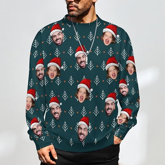 Funny Ugly Christmas Special Custom Face Men's Sweater Personalized Face Sweatshirt for Husband Father Boyfriend Red and Green