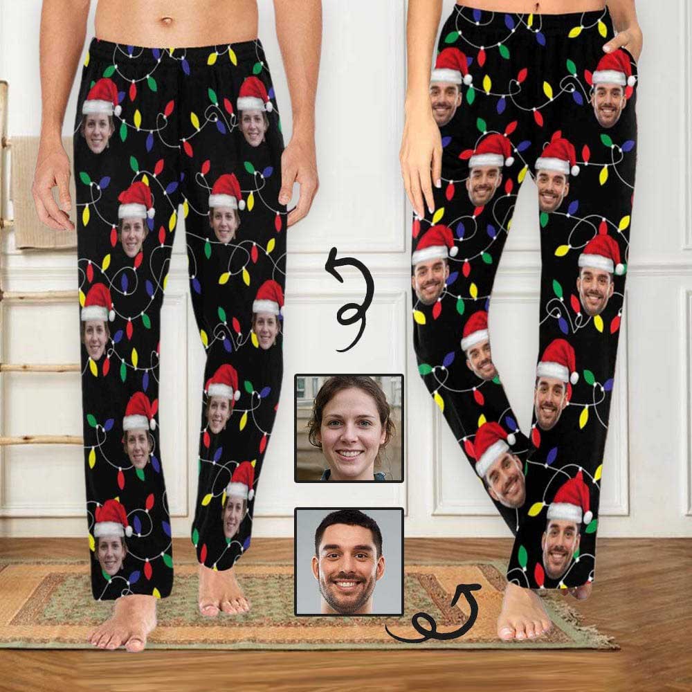 Custom Face Colored Light Bulbs Christmas Red Hat Sleepwear Personalized Women's&Men's Slumber Party Long Pajama Pants